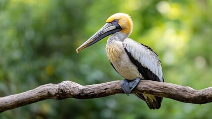 Fototapeta premium Close up of a majestic brown pelican perched on a branch in a lush green setting with a striking backdrop : Generative AI