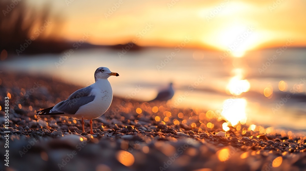 Poster seagull standing on a beach at sunset with soft waves and golden light creating a serene atmosphere 