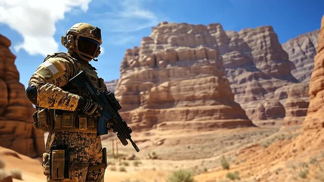 A soldier standing against a backdrop of towering desert cliffs, gripping their weapon as they guard a remote section of the border.