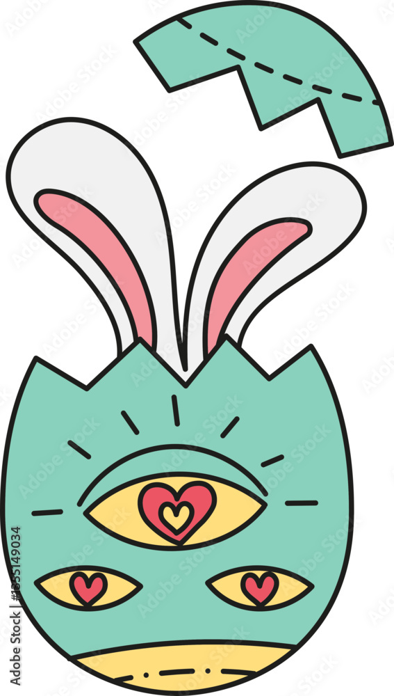 Poster boho groovy easter colorful cartoon rabbit emerging from an egg with hearts and eyes. in doodle colo