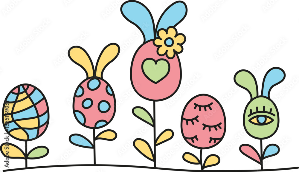 Poster boho groovy easter colorful decorative eggs with bunny ears and flowers arranged in a row. in doodle