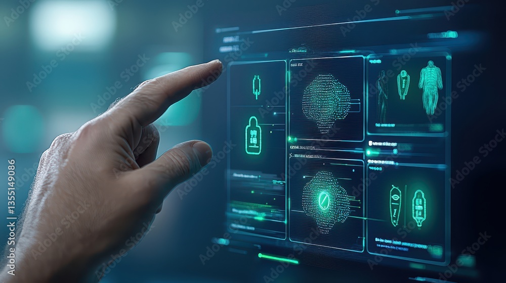 Poster fingerprint touchscreen scan, biometric security identification and access authentication
