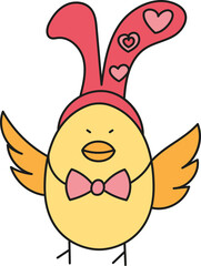 boho groovy easter Whimsical chick wearing bunny ears and a bow tie. in doodle color line style