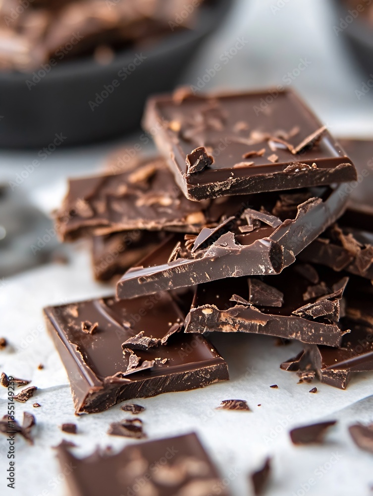 Poster assorted pieces of rich dark chocolate stacked together showcasing texture and shine : generative ai