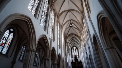 Fototapeta premium Gothic Church Interior with Majestic Arched Ceilings and Beautiful Stained Glass Windows : Generative AI