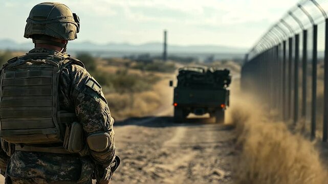 A soldier stands near the back of a military pickup truck, the engine running softly, with heavy-duty equipment and supplies loaded in the bed, while the border fence stretches ahe
