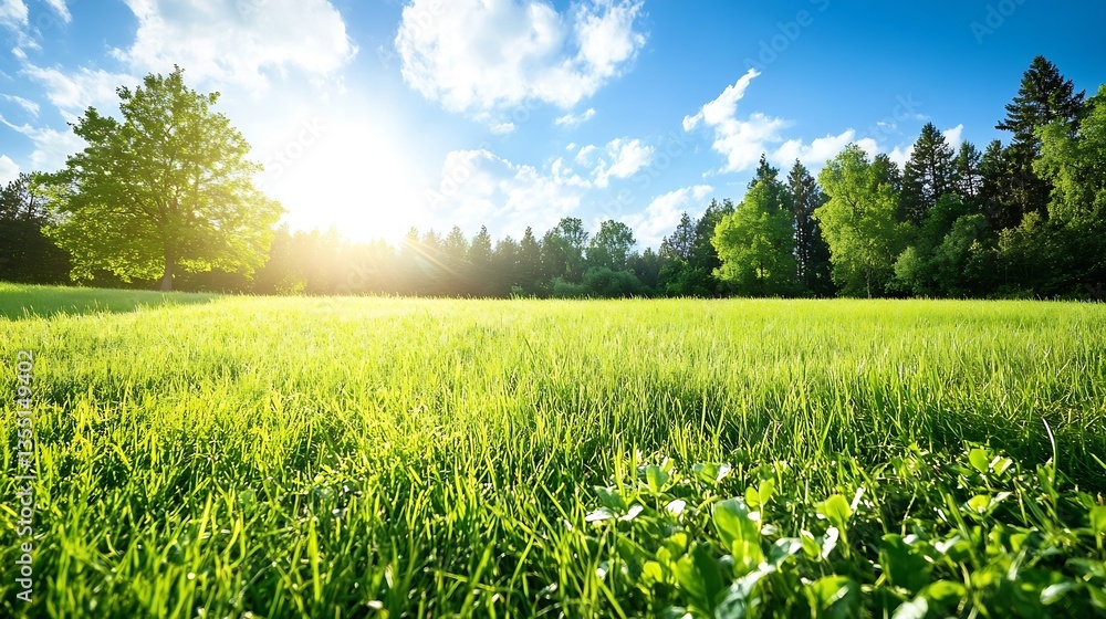 Aufkleber lush green field under a bright blue sky with sunlight streaming through trees : generative ai
