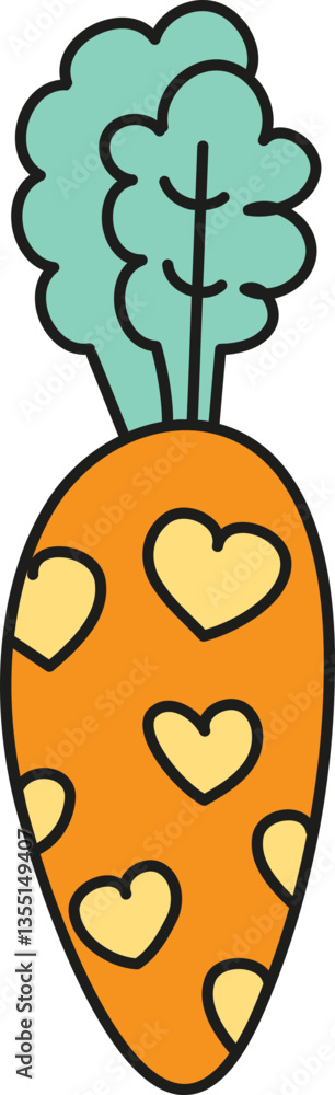 Poster boho groovy easter colorful carrot design with heart patterns and green leaves. in doodle color line