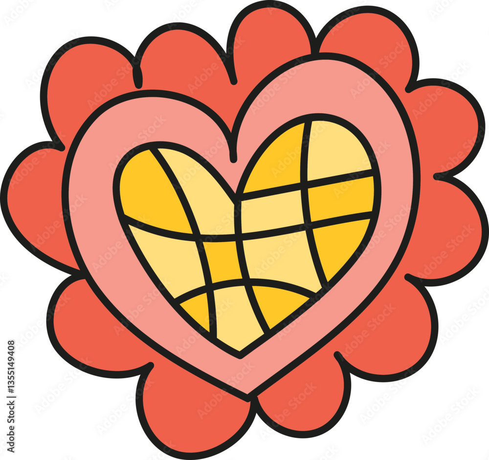 Poster boho groovy easter colorful heart design with floral elements and a geometric pattern. in doodle col