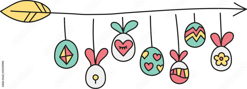 Poster boho groovy easter colorful decorated eggs with bunny features hanging from a line. in doodle color 