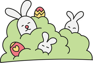 boho groovy easter Cute bunnies hiding in green bushes with colorful Easter eggs. in doodle color line style