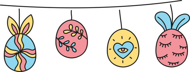 boho groovy easter Colorful decorative Easter eggs hanging on a string. in doodle color line style
