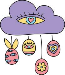 boho groovy easter Colorful cloud with hanging decorative eggs and an eye motif. in doodle color line style