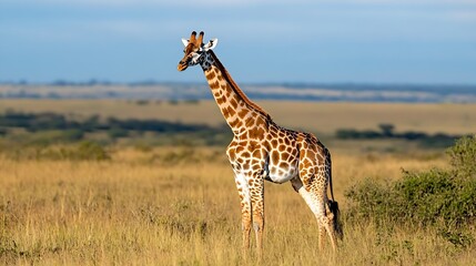 Fototapeta premium Majestic giraffe standing gracefully in a serene landscape under a clear blue sky : Generative AI