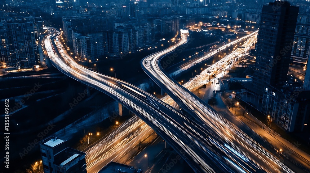 Poster aerial view of a busy city intersection with illuminated roads and streaks of light at night capturi