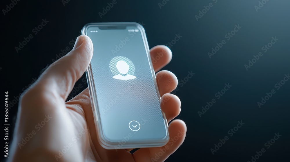 Poster exploring the interplay of technology and identity, person holding cell phone displaying face