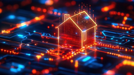 Smart Home Tech House Icon on Circuit Board.