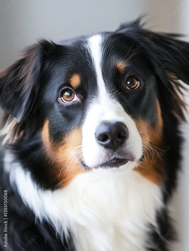 Poster a striking closeup portrait of a dog showcasing its expressive eyes and glossy fur in soft lighting 