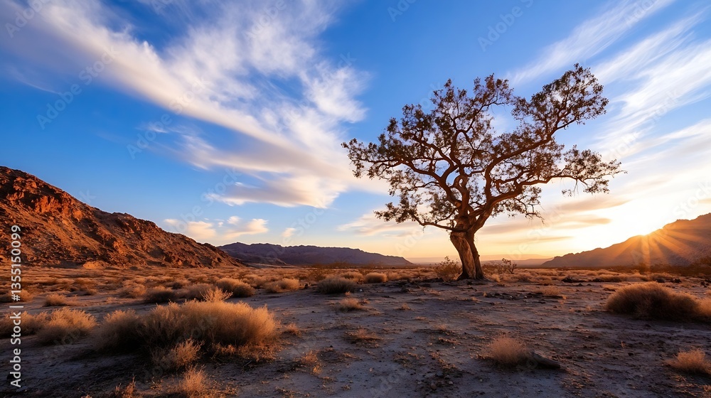 Poster lone tree in desert landscape with majestic mountains and a vibrant sunset : generative ai