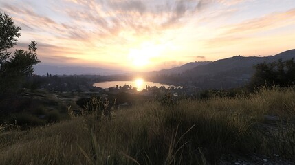 Obraz premium Stunning sunset over a serene lake surrounded by lush greenery and hills : Generative AI
