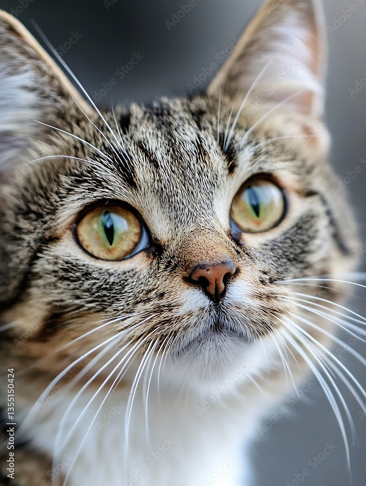 Poster closeup of a charming tabby cat with striking green eyes gazing thoughtfully at its surroundings : g