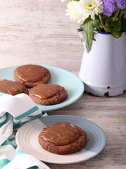 Chocolate cookies with caramel and chocolate