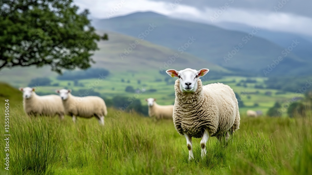 Poster Serene pastoral scene featuring a sheep in a green field with mountains and cloudy sky in the background : Generative AI