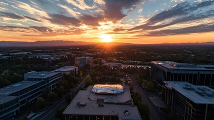 Breathtaking sunset over modern buildings with dramatic clouds and horizon : Generative AI