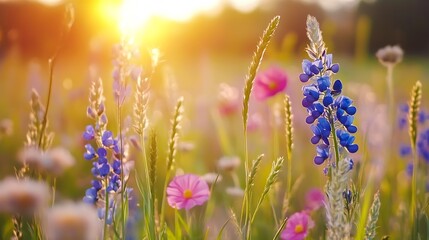 Naklejka premium Beautiful Wildflowers Blooming Under Sunlight in Vibrant Colorful Field : Generative AI