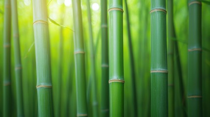 Zen productivity focus and meditation, Lush green bamboo stalks create a serene natural backdrop, symbolizing growth and tranquility in a vibrant, sunlit environment.