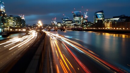 Fototapeta premium Vibrant Night Skyline with Colorful Light Trails from Cars on Glimmering Riverbank : Generative AI