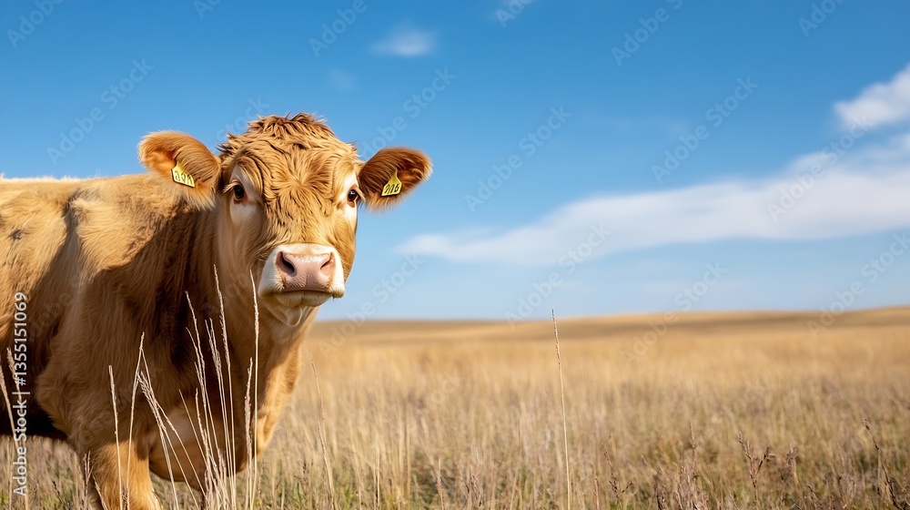 Poster curious brown cow grazing in a wide open field under a clear blue sky : generative ai