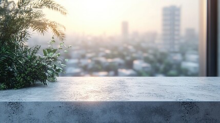 Obraz premium Serene Urban Oasis Concrete Tabletop with City View and Lush Greenery