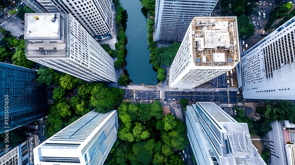 Poster aerial view of urban highrise buildings surrounded by lush greenery and a winding river : generative