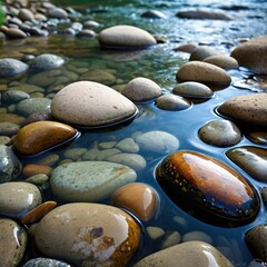 Spring stream with clear water and rocky bottom, river, stones, pebbles