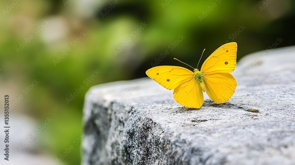 Poster vibrant yellow butterfly resting on a stone in nature surrounded by lush greenery capturing the esse
