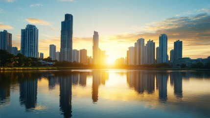 Sunset Reflection Over City Skyline and Lake in Urban Landscape with Towering Buildings