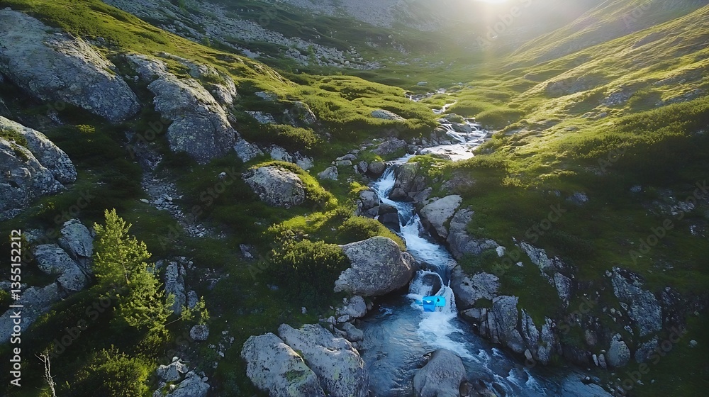 Aufkleber stunning view of a serene river flowing through rocky terrain in the mountains during golden hour li