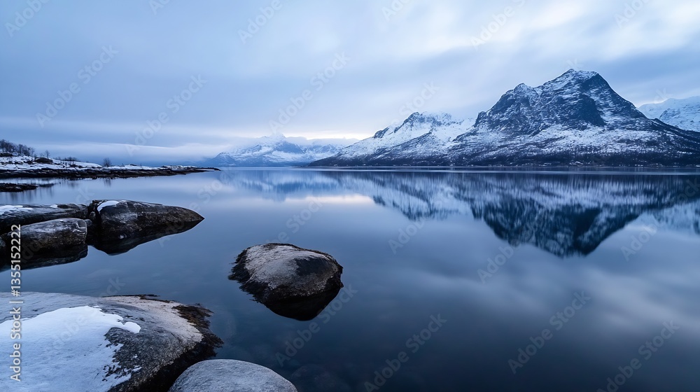 Poster serene reflection of majestic mountains in calm lake with snowy landscape : generative ai
