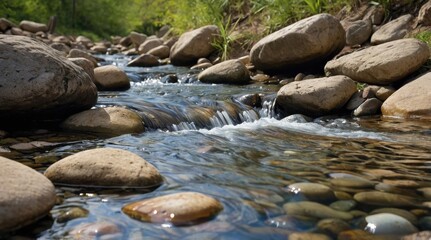Spring stream with clear water and rocky bottom, river, stones, pebbles