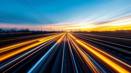 Obraz premium Dramatic Long Exposure Shot of Train Tracks with Blurred Lights Creating Vibrant Nighttime Motion Effect : Generative AI