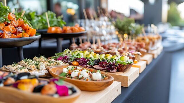 Gourmet spread of beautifully arranged appetizers showcasing vibrant colors and diverse flavors for food lovers : Generative AI