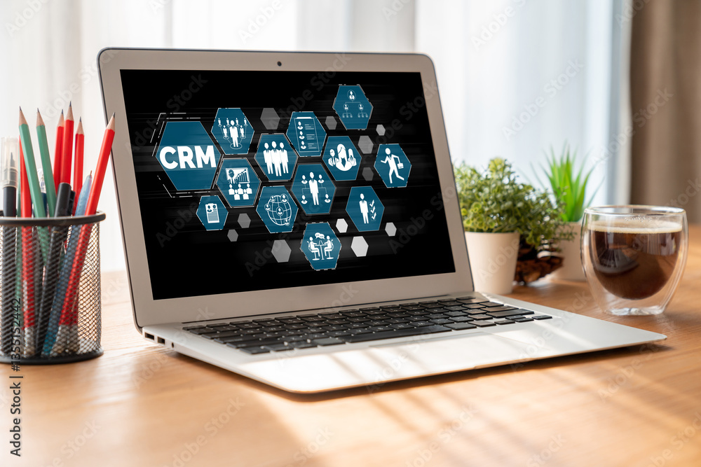 Aufkleber customer relationship management system on modish computer for crm business and enterprise