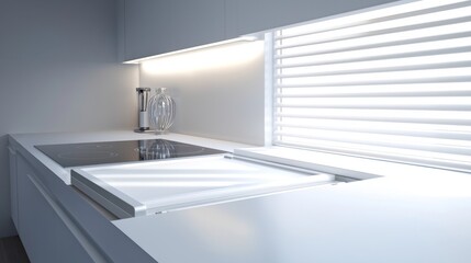 Modern kitchen countertop with cooking appliances.