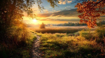 Fototapeta premium Sunrise Hike: A scenic photograph of a hiking path with golden hour hues, leading the viewer's eye through a vibrant field towards the rising sun, evoking a sense of peace and adventure.