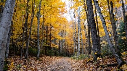 Fototapeta premium Autumn Forest Pathway Surrounded by Vibrant Colorful Leaves and Trees : Generative AI