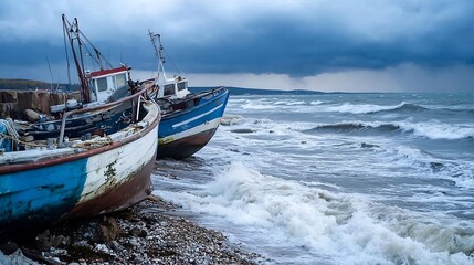 Abandoned fishing boats on a rocky shore against a dramatic stormy sky and turbulent waves : Generative AI