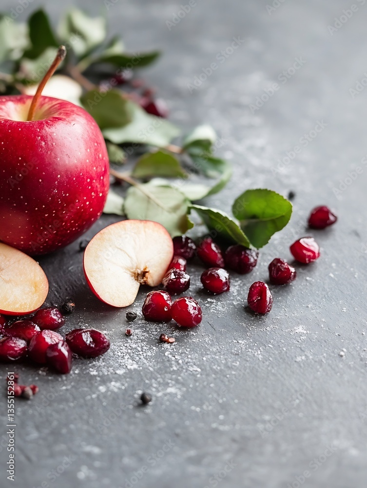 Leinwandbilder fresh red apple with sliced pieces and pomegranate seeds on a textured background : generative ai