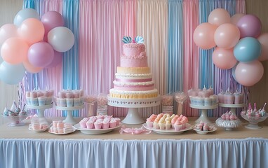 Pastel pink and blue birthday party dessert table with cake and balloons.