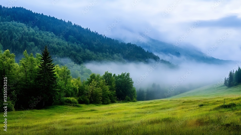 Poster Lush Green Forest Under Fog Creating Mystical Landscape with Evergreen Trees and Soft Grass : Generative AI